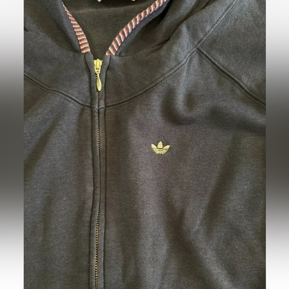 Adidas Girls Jacket Medium Black 3/4 Sleeve Red Gold Stripe Hood Bamboo Cotton - Picture 3 of 9